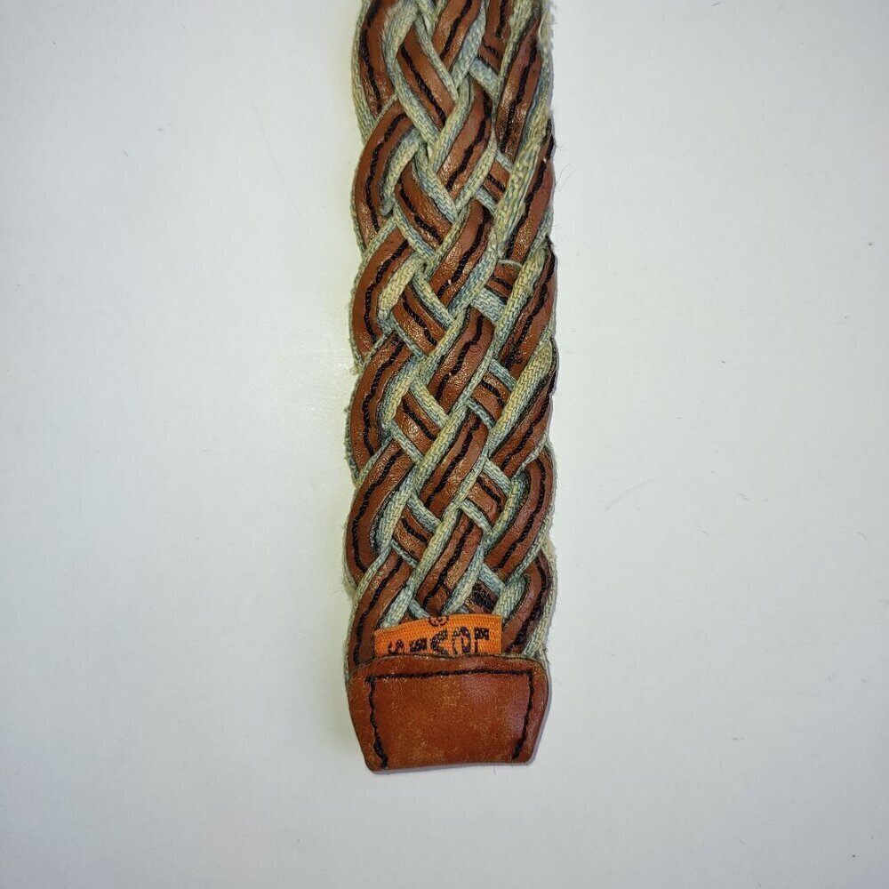 Vintage LEVI'S Hand Braided Leather & Denim Belt Orange Tab Brass Buckle Sz 32 - Picture 10 of 13